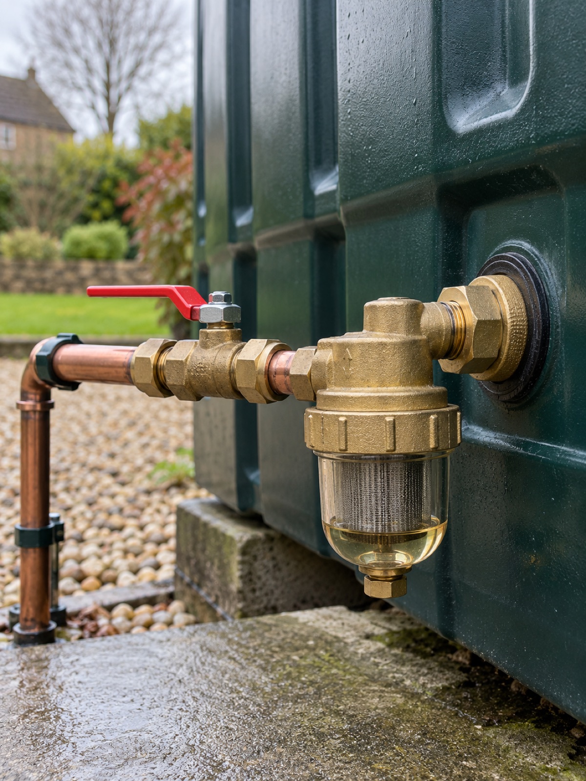 Oil tank outlet with brass filter bowl and isolation valve