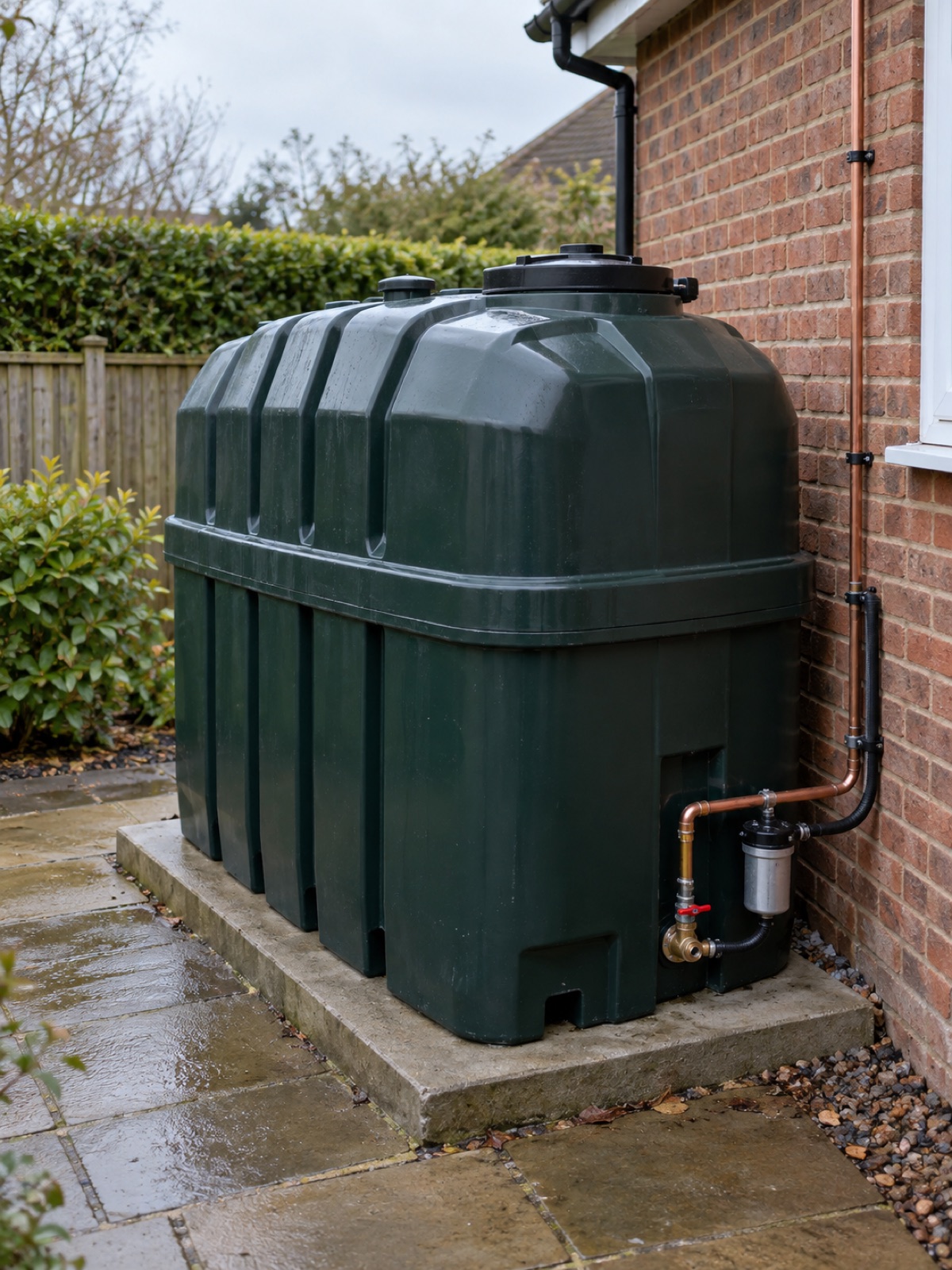 Bunded plastic domestic heating oil tank installed on a concrete base beside a house